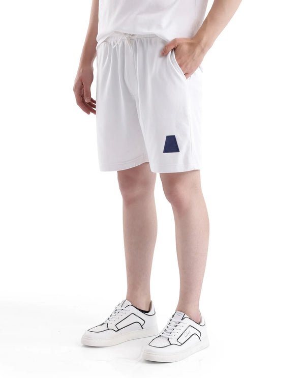 Rare Rabbit Men Exclaim-B White Cotton Fabric Drawstring Closure Oversized Fit Placement Print Shorts