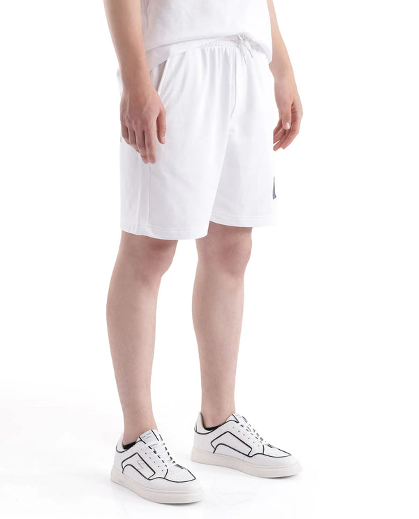 Rare Rabbit Men Exclaim-B White Cotton Fabric Drawstring Closure Oversized Fit Placement Print Shorts
