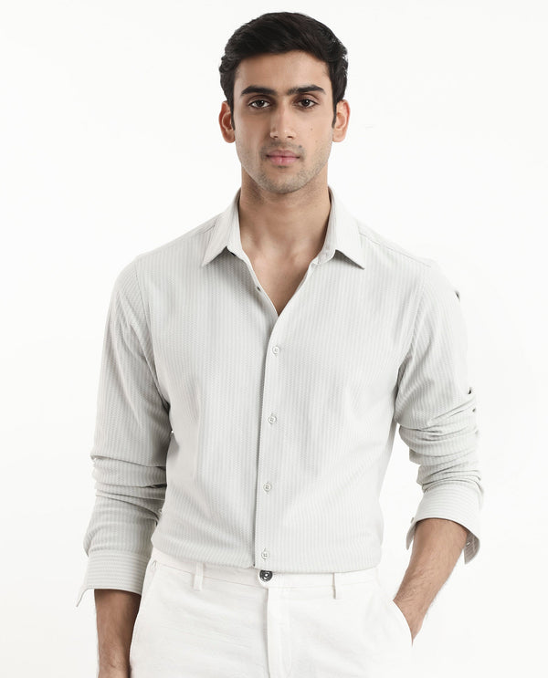 Rare Rabbit Men's Exclo Pastel Beige Polyester Fabric Full Sleeves Regular Fit Jacquard Knit Shirt