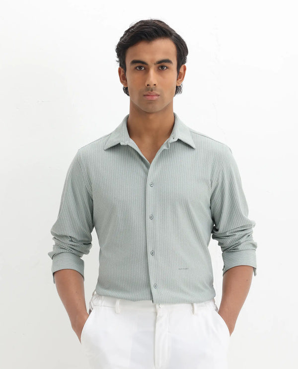 Rare Rabbit Men's Exclo Pastel Green Polyester Fabric Full Sleeves Collared Neck Jacquard Knit Shirt