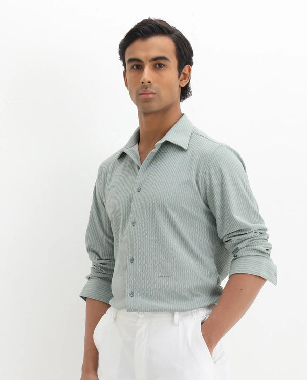 Rare Rabbit Men's Exclo Pastel Green Polyester Fabric Full Sleeves Collared Neck Jacquard Knit Shirt