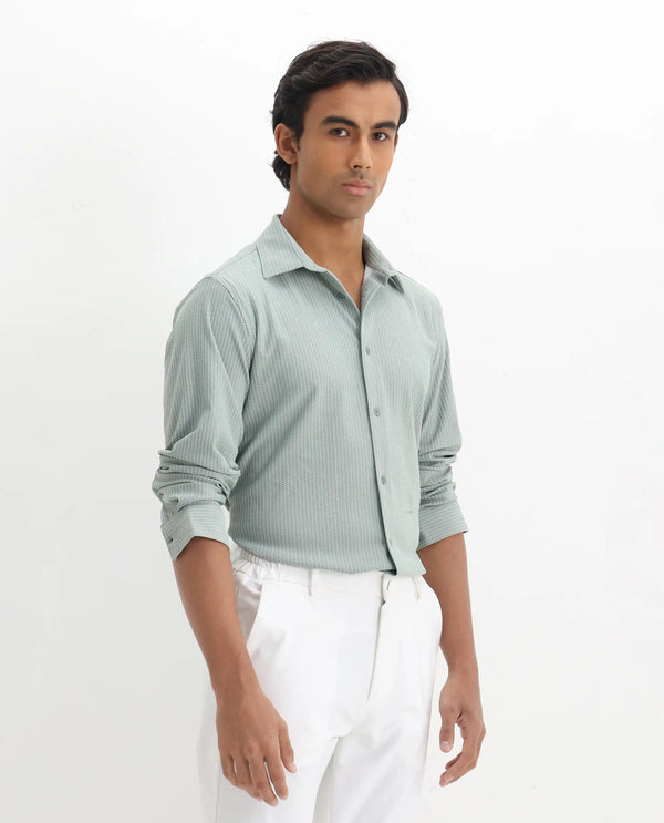 Rare Rabbit Men's Exclo Pastel Green Polyester Fabric Full Sleeves Collared Neck Jacquard Knit Shirt