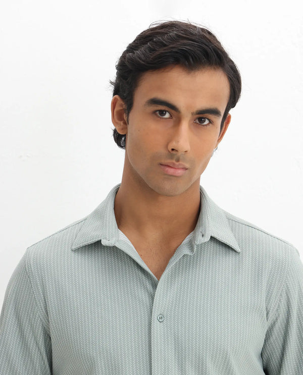 Rare Rabbit Men's Exclo Pastel Green Polyester Fabric Full Sleeves Collared Neck Jacquard Knit Shirt