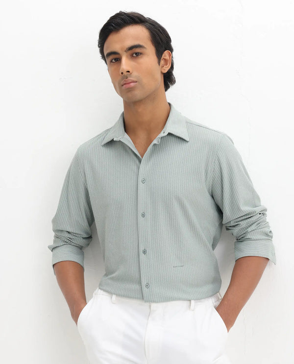 Rare Rabbit Men's Exclo Pastel Green Polyester Fabric Full Sleeves Collared Neck Jacquard Knit Shirt