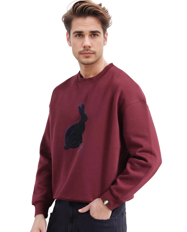 Rare Rabbit Men Ezy Maroon Cotton Polyester Fabric Full Sleeve Crew Neck Boxy Fit Animal Print Sweatshirt
