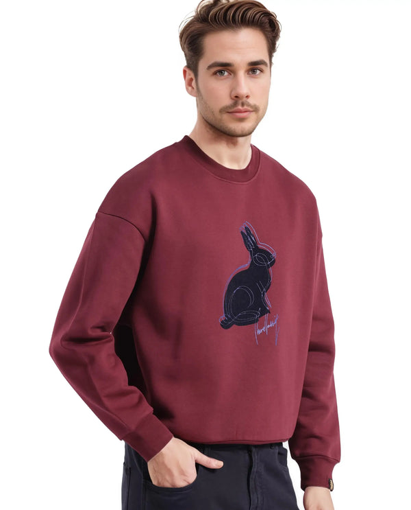 Rare Rabbit Men Ezy Maroon Cotton Polyester Fabric Full Sleeve Crew Neck Boxy Fit Animal Print Sweatshirt