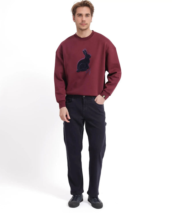 Rare Rabbit Men Ezy Maroon Cotton Polyester Fabric Full Sleeve Crew Neck Boxy Fit Animal Print Sweatshirt