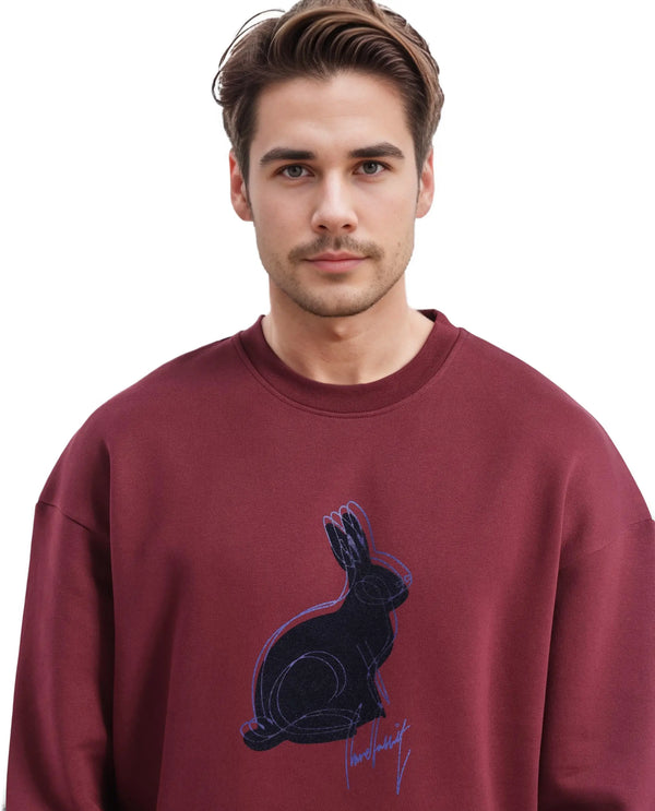 Rare Rabbit Men Ezy Maroon Cotton Polyester Fabric Full Sleeve Crew Neck Boxy Fit Animal Print Sweatshirt
