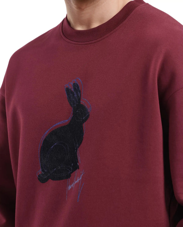 Rare Rabbit Men Ezy Maroon Cotton Polyester Fabric Full Sleeve Crew Neck Boxy Fit Animal Print Sweatshirt