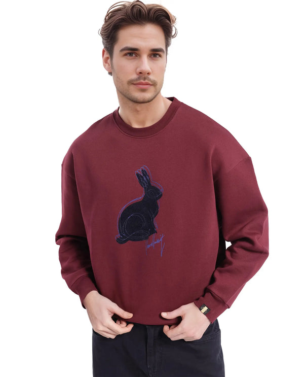 Rare Rabbit Men Ezy Maroon Cotton Polyester Fabric Full Sleeve Crew Neck Boxy Fit Animal Print Sweatshirt