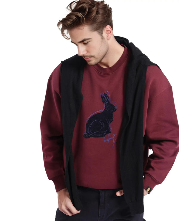 Rare Rabbit Men Ezy Maroon Cotton Polyester Fabric Full Sleeve Crew Neck Boxy Fit Animal Print Sweatshirt