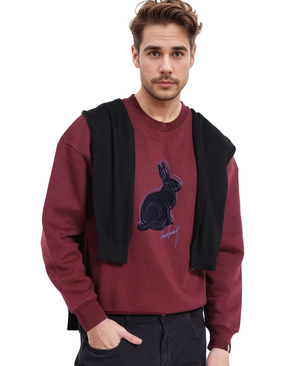 Rare Rabbit Men Ezy Maroon Cotton Polyester Fabric Full Sleeve Crew Neck Boxy Fit Animal Print Sweatshirt