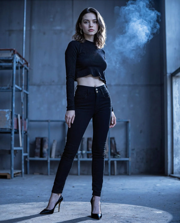 Rareism Women Emerald Black Cotton Lycra Fabric High Rise Solid Slim Fit Ankle Length Jeans