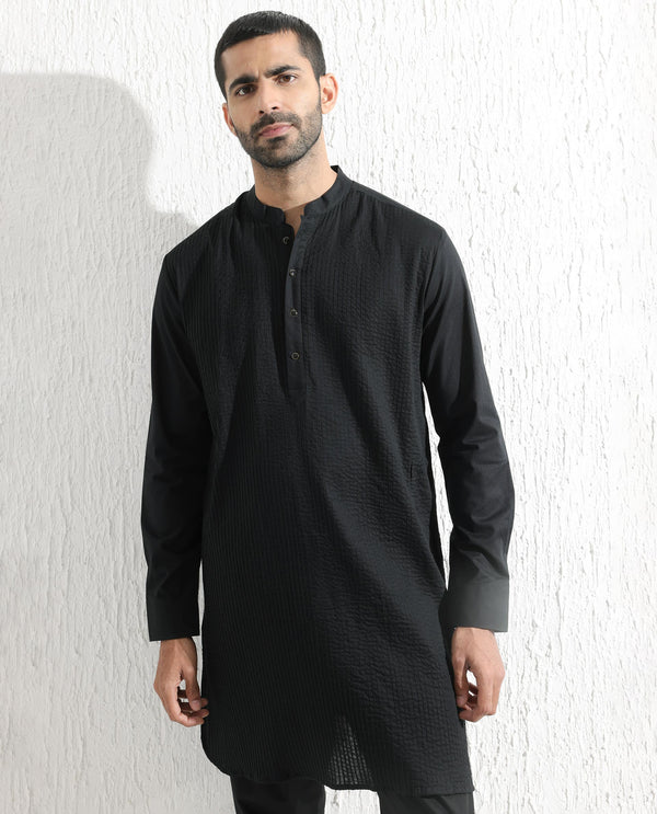 Rare Rabbit Men's Ethnic Black Cotton Fabric Mandarin Collar Full Sleeves Pintuck Kurta