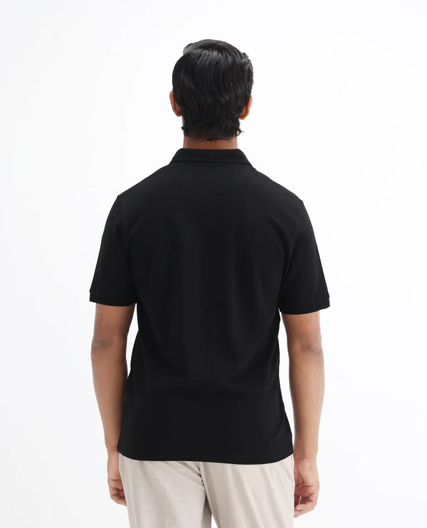 Rare Rabbit Men's Face Black Cotton Fabric Short Sleeves Button Down Collar Embroidered Logo Regular Fit Plain Polo T-Shirt
