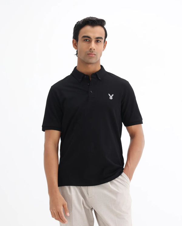 Rare Rabbit Men's Face Black Cotton Fabric Short Sleeves Button Down Collar Embroidered Logo Regular Fit Plain Polo T-Shirt
