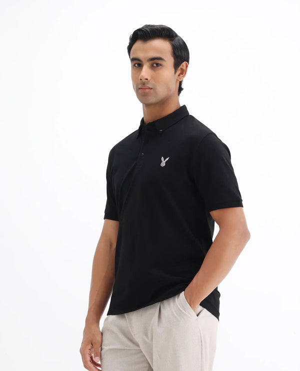 Rare Rabbit Men's Face Black Cotton Fabric Short Sleeves Button Down Collar Embroidered Logo Regular Fit Plain Polo T-Shirt