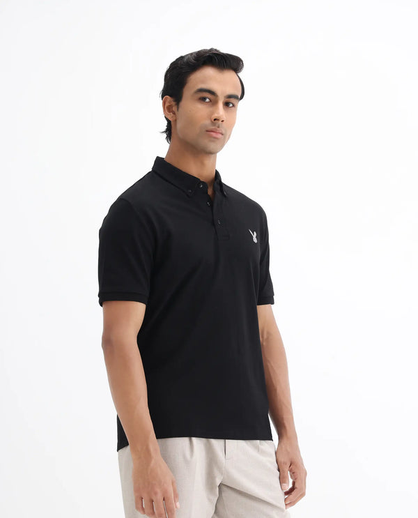 Rare Rabbit Men's Face Black Cotton Fabric Short Sleeves Button Down Collar Embroidered Logo Regular Fit Plain Polo T-Shirt