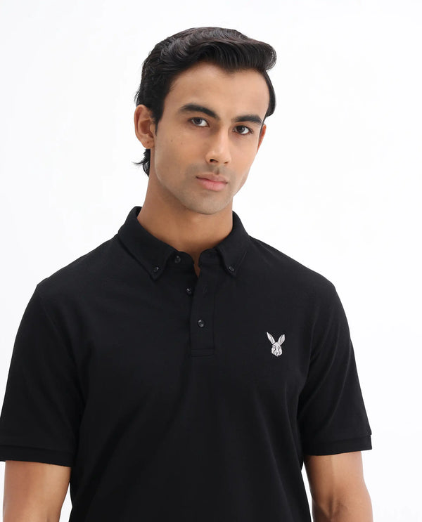Rare Rabbit Men's Face Black Cotton Fabric Short Sleeves Button Down Collar Embroidered Logo Regular Fit Plain Polo T-Shirt