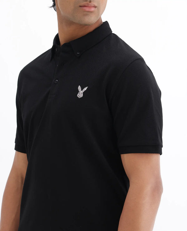 Rare Rabbit Men's Face Black Cotton Fabric Short Sleeves Button Down Collar Embroidered Logo Regular Fit Plain Polo T-Shirt