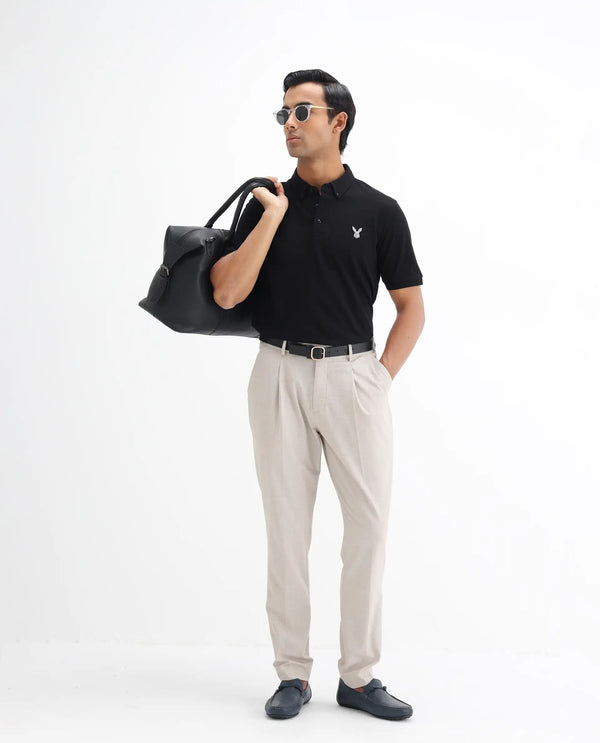 Rare Rabbit Men's Face Black Cotton Fabric Short Sleeves Button Down Collar Embroidered Logo Regular Fit Plain Polo T-Shirt