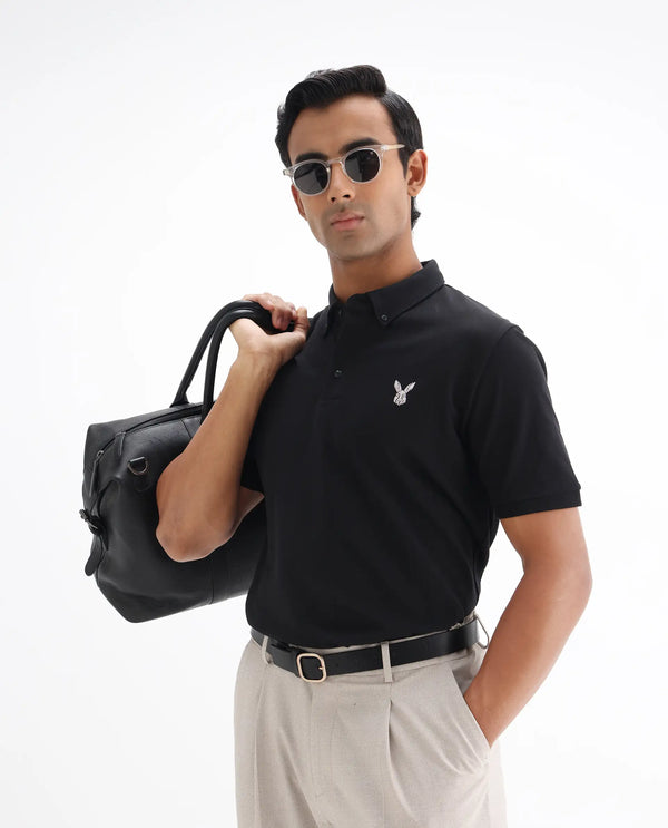 Rare Rabbit Men's Face Black Cotton Fabric Short Sleeves Button Down Collar Embroidered Logo Regular Fit Plain Polo T-Shirt