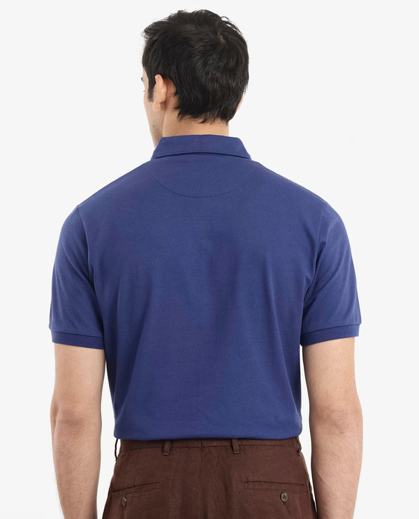 Rare Rabbit  Men's Face Blue Cotton Fabric Short Sleeves Button Down Collar Embroidered Logo Regular Fit Plain Polo T-Shirt