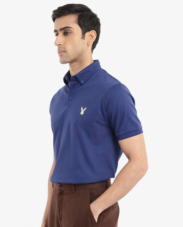 Rare Rabbit  Men's Face Blue Cotton Fabric Short Sleeves Button Down Collar Embroidered Logo Regular Fit Plain Polo T-Shirt