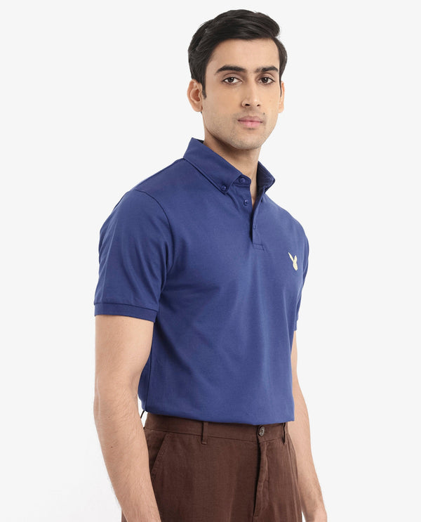 Rare Rabbit  Men's Face Blue Cotton Fabric Short Sleeves Button Down Collar Embroidered Logo Regular Fit Plain Polo T-Shirt