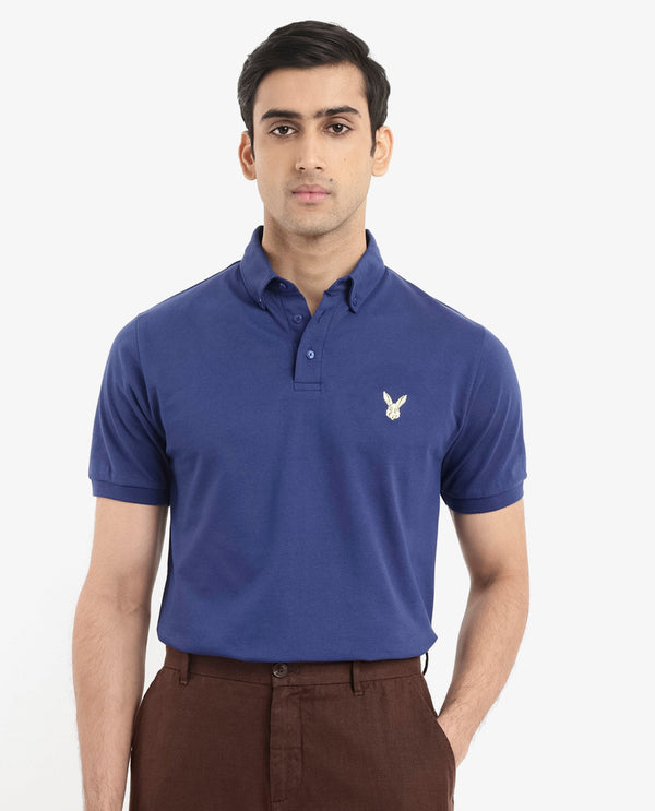 Rare Rabbit  Men's Face Blue Cotton Fabric Short Sleeves Button Down Collar Embroidered Logo Regular Fit Plain Polo T-Shirt