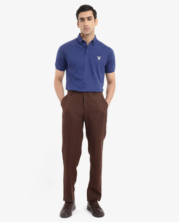 Rare Rabbit  Men's Face Blue Cotton Fabric Short Sleeves Button Down Collar Embroidered Logo Regular Fit Plain Polo T-Shirt