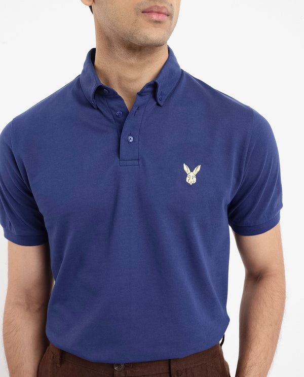 Rare Rabbit  Men's Face Blue Cotton Fabric Short Sleeves Button Down Collar Embroidered Logo Regular Fit Plain Polo T-Shirt