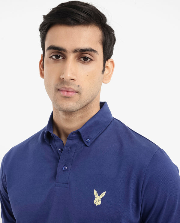 Rare Rabbit  Men's Face Blue Cotton Fabric Short Sleeves Button Down Collar Embroidered Logo Regular Fit Plain Polo T-Shirt