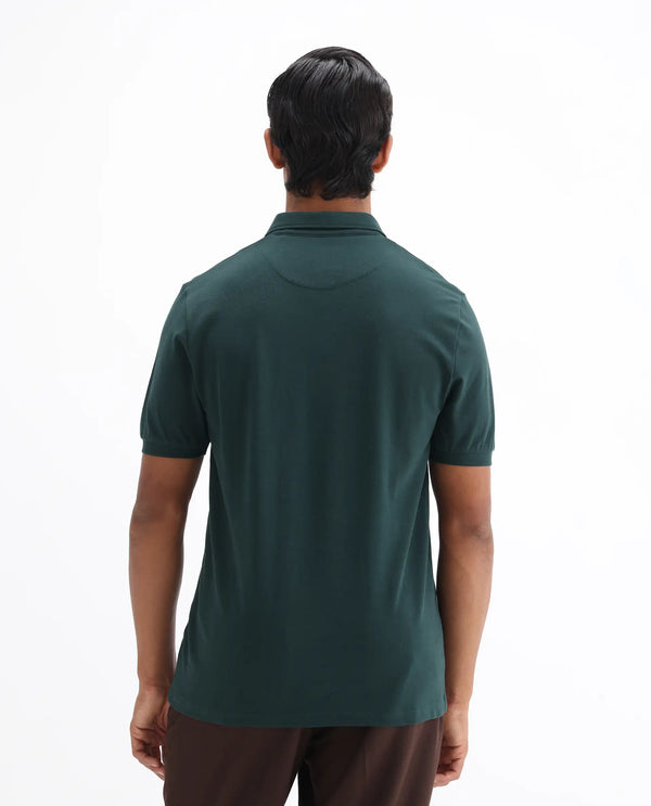 Rare Rabbit  Men's Face Dark Green Cotton Fabric Short Sleeves Button Down Collar Embroidered Logo Regular Fit Plain Polo T-Shirt
