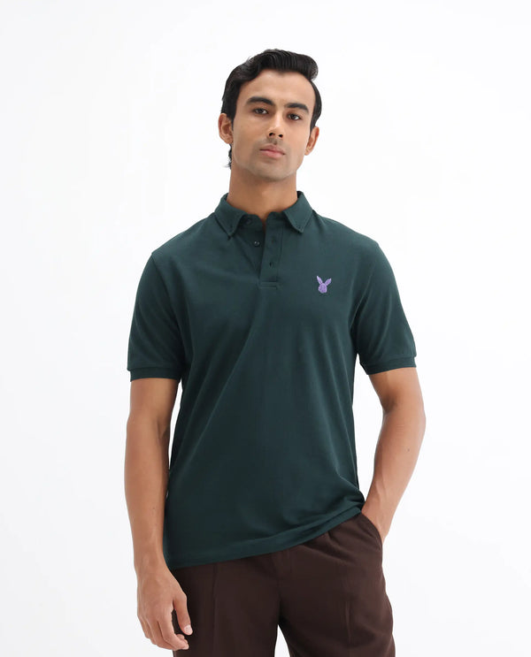 Rare Rabbit  Men's Face Dark Green Cotton Fabric Short Sleeves Button Down Collar Embroidered Logo Regular Fit Plain Polo T-Shirt