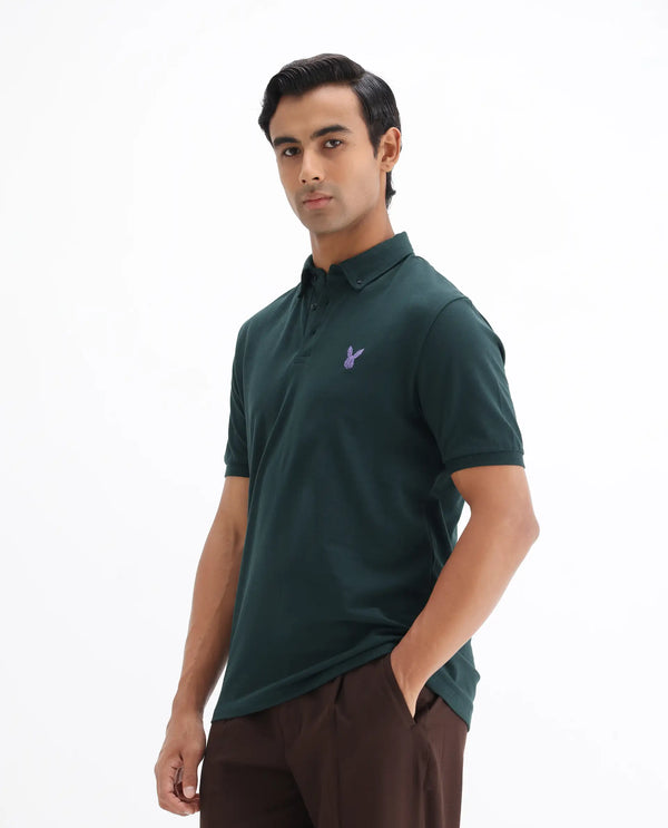 Rare Rabbit  Men's Face Dark Green Cotton Fabric Short Sleeves Button Down Collar Embroidered Logo Regular Fit Plain Polo T-Shirt
