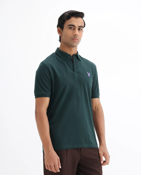 Rare Rabbit  Men's Face Dark Green Cotton Fabric Short Sleeves Button Down Collar Embroidered Logo Regular Fit Plain Polo T-Shirt
