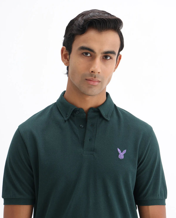 Rare Rabbit  Men's Face Dark Green Cotton Fabric Short Sleeves Button Down Collar Embroidered Logo Regular Fit Plain Polo T-Shirt