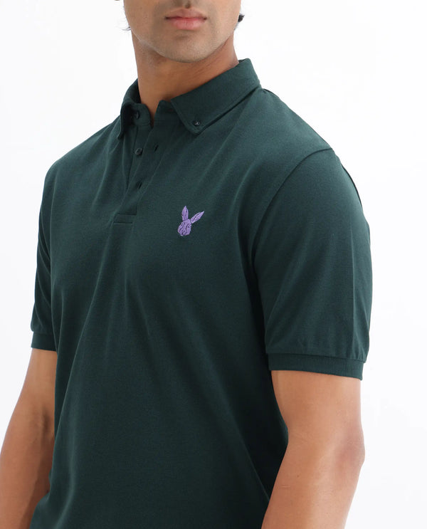 Rare Rabbit  Men's Face Dark Green Cotton Fabric Short Sleeves Button Down Collar Embroidered Logo Regular Fit Plain Polo T-Shirt