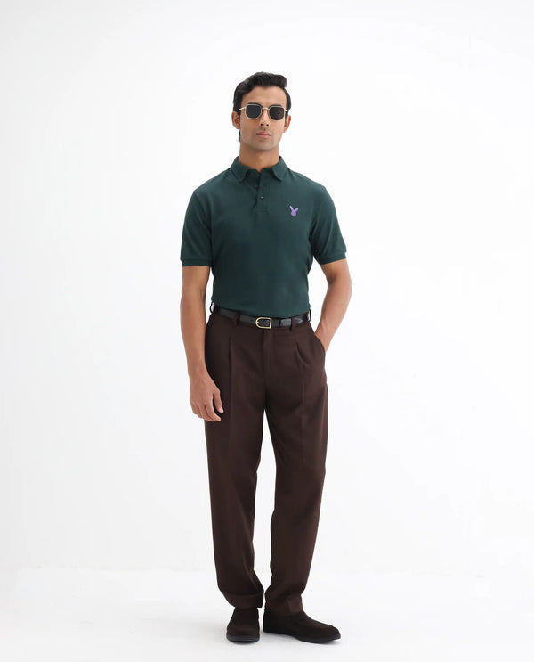 Rare Rabbit  Men's Face Dark Green Cotton Fabric Short Sleeves Button Down Collar Embroidered Logo Regular Fit Plain Polo T-Shirt