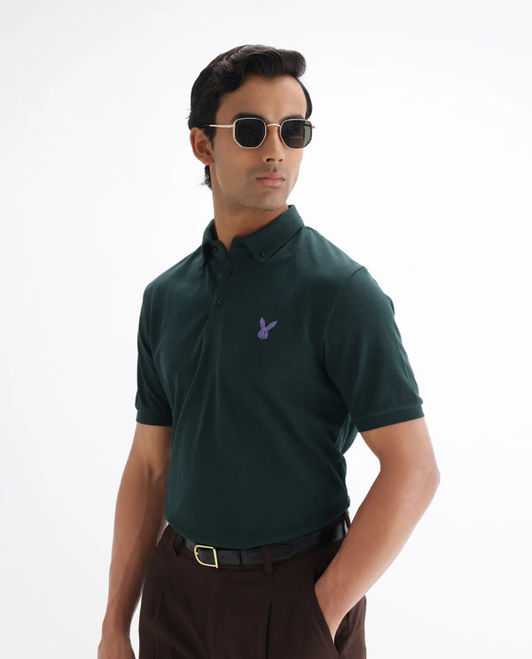 Rare Rabbit  Men's Face Dark Green Cotton Fabric Short Sleeves Button Down Collar Embroidered Logo Regular Fit Plain Polo T-Shirt