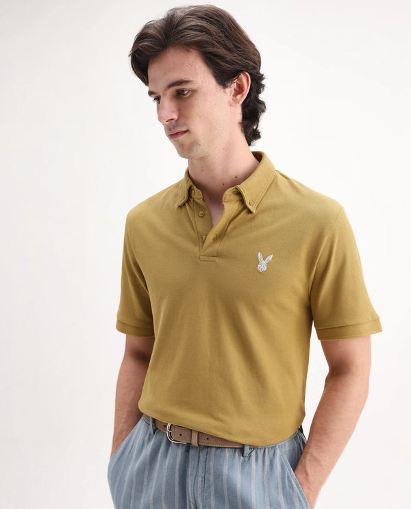 Rare Rabbit Men's Face Dusky Yellow Cotton Fabric Short Sleeves Button Down Collar Embroidered Logo Regular Fit Plain Polo T-Shirt
