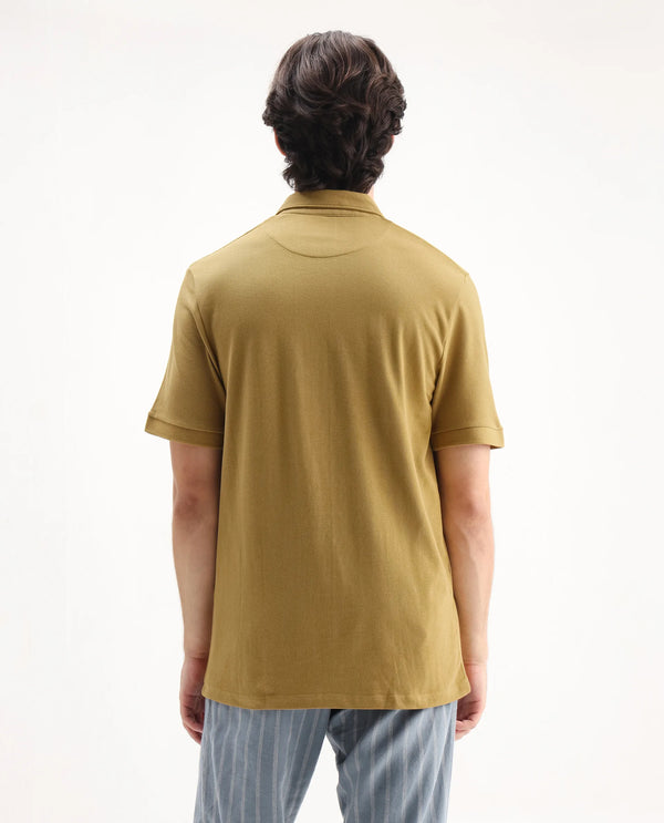Rare Rabbit Men's Face Dusky Yellow Cotton Fabric Short Sleeves Button Down Collar Embroidered Logo Regular Fit Plain Polo T-Shirt