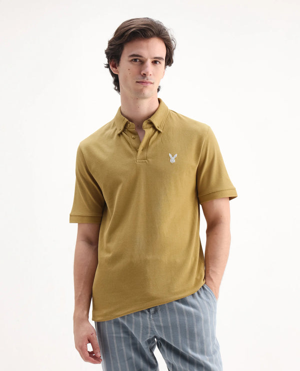 Rare Rabbit Men's Face Dusky Yellow Cotton Fabric Short Sleeves Button Down Collar Embroidered Logo Regular Fit Plain Polo T-Shirt