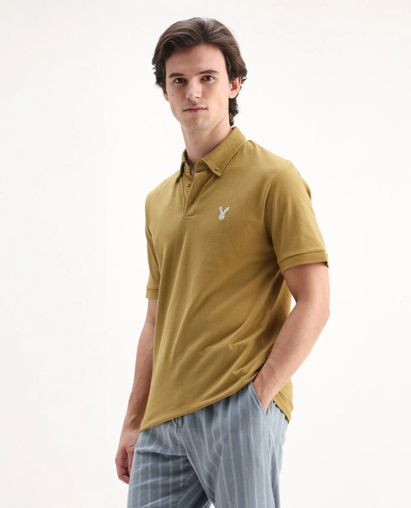 Rare Rabbit Men's Face Dusky Yellow Cotton Fabric Short Sleeves Button Down Collar Embroidered Logo Regular Fit Plain Polo T-Shirt