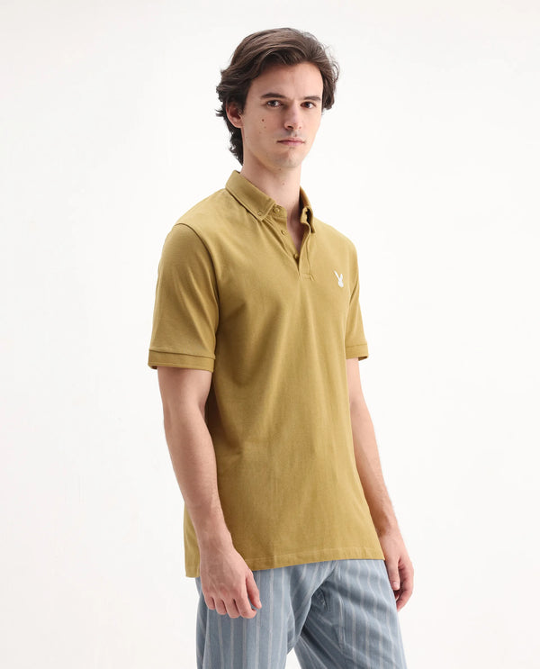 Rare Rabbit Men's Face Dusky Yellow Cotton Fabric Short Sleeves Button Down Collar Embroidered Logo Regular Fit Plain Polo T-Shirt