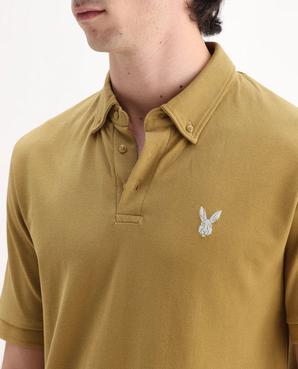 Rare Rabbit Men's Face Dusky Yellow Cotton Fabric Short Sleeves Button Down Collar Embroidered Logo Regular Fit Plain Polo T-Shirt