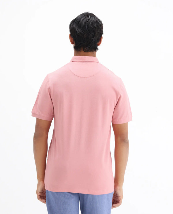 Rare Rabbit Men's Face Light Pink Cotton Fabric Short Sleeves Button Down Collar Embroidered Logo Regular Fit Plain Polo T-Shirt