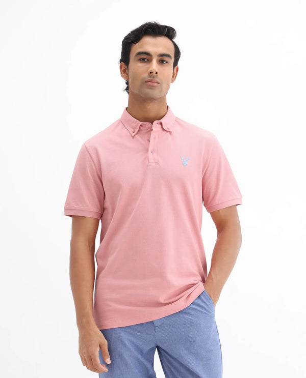 Rare Rabbit Men's Face Light Pink Cotton Fabric Short Sleeves Button Down Collar Embroidered Logo Regular Fit Plain Polo T-Shirt