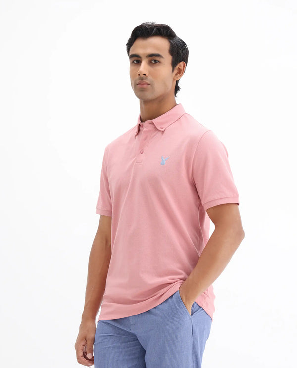Rare Rabbit Men's Face Light Pink Cotton Fabric Short Sleeves Button Down Collar Embroidered Logo Regular Fit Plain Polo T-Shirt